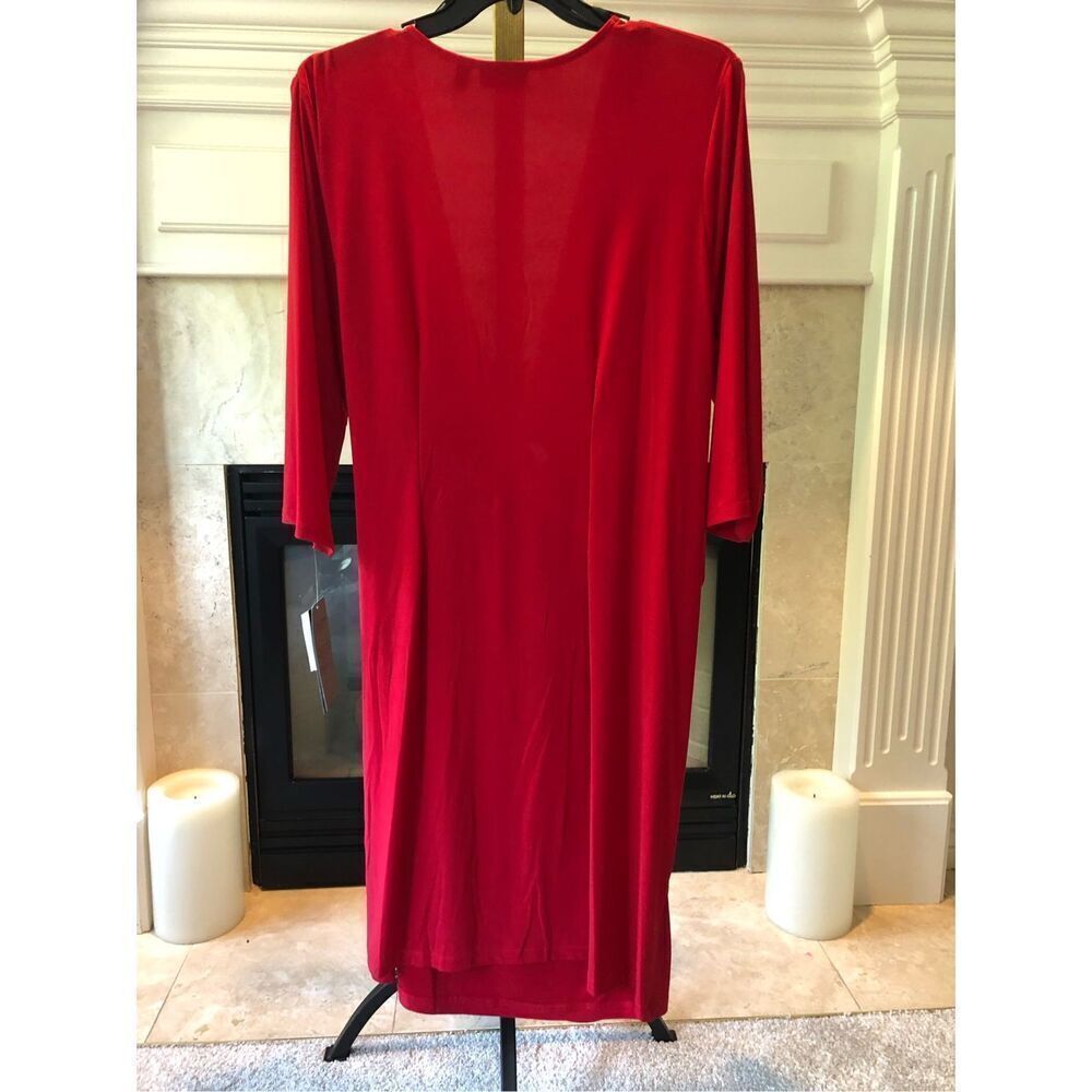 Nina Leonard Woman’s Red and White 3/4 Sleeve Wrap Style V Neck Dress Size 3X - Picture 2 of 10